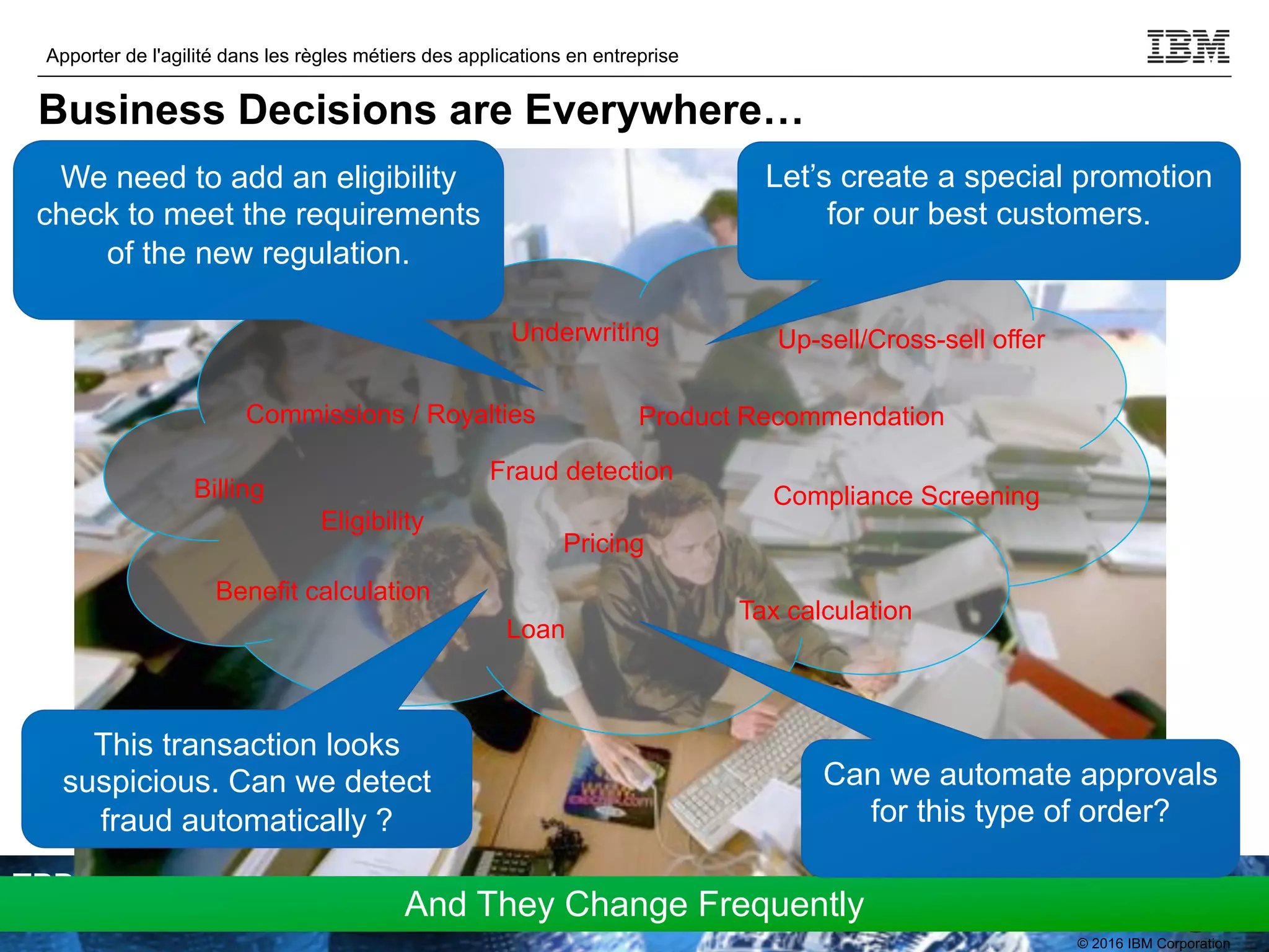 © 2016 IBM Corporation
Apporter de l'agilité dans les règles métiers des applications en entreprise
TPDEV
And They Change Frequently
Benefit calculation
Fraud detection
Eligibility
Pricing
Underwriting
Loan
Tax calculation
Billing
Product Recommendation
Compliance Screening
Commissions / Royalties
Up-sell/Cross-sell offer
Business Decisions are Everywhere…
Let’s create a special promotion
for our best customers.
We need to add an eligibility
check to meet the requirements
of the new regulation.
This transaction looks
suspicious. Can we detect
fraud automatically ?
Can we automate approvals
for this type of order?
 