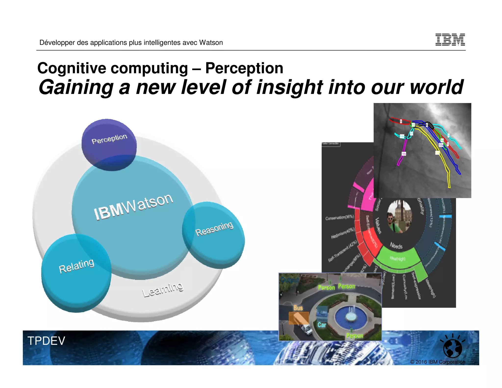 © 2016 IBM Corporation
Développer des applications plus intelligentes avec Watson
TPDEV
Cognitive computing – Perception
Gaining a new level of insight into our world
 