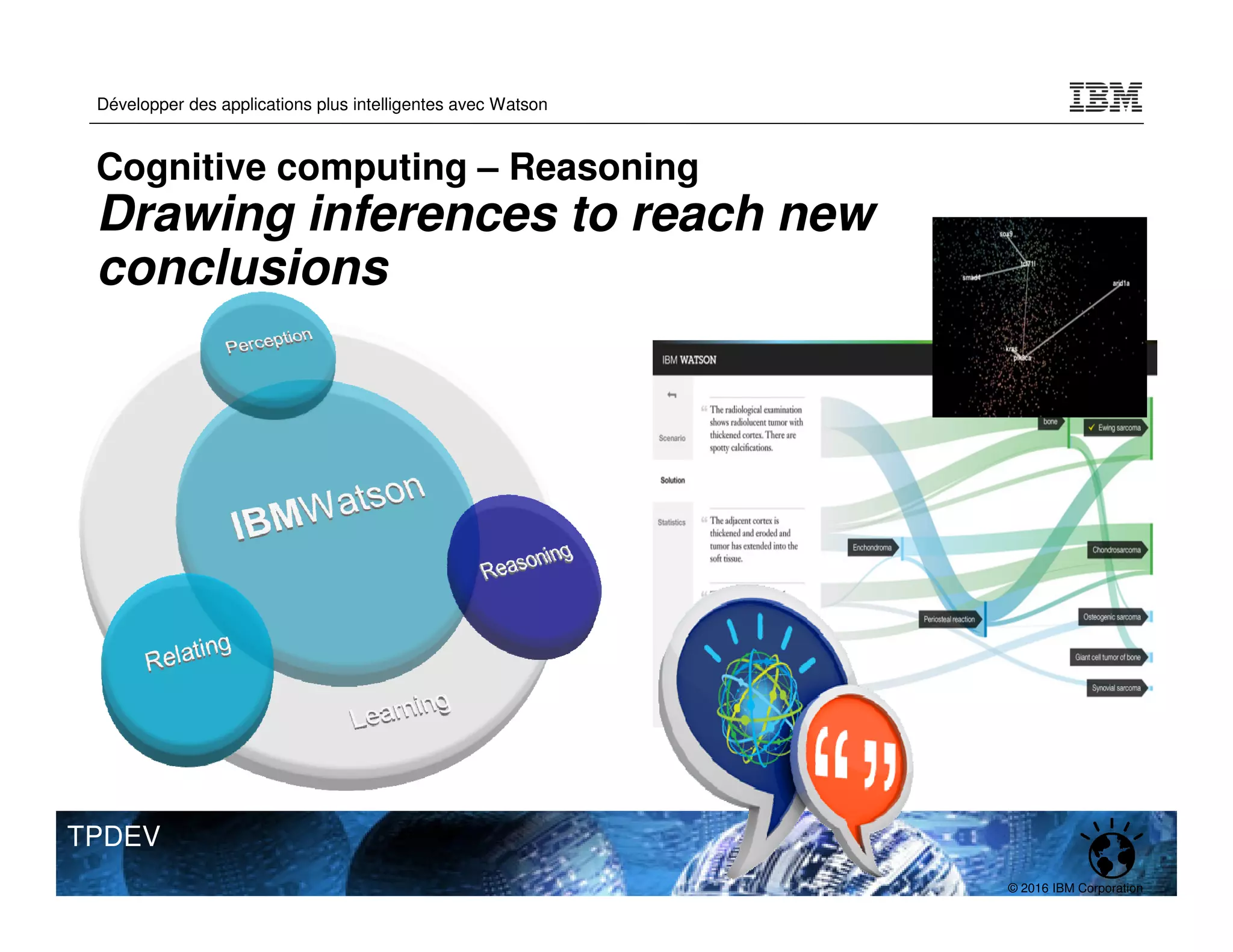 © 2016 IBM Corporation
Développer des applications plus intelligentes avec Watson
TPDEV
Cognitive computing – Reasoning
Drawing inferences to reach new
conclusions
 