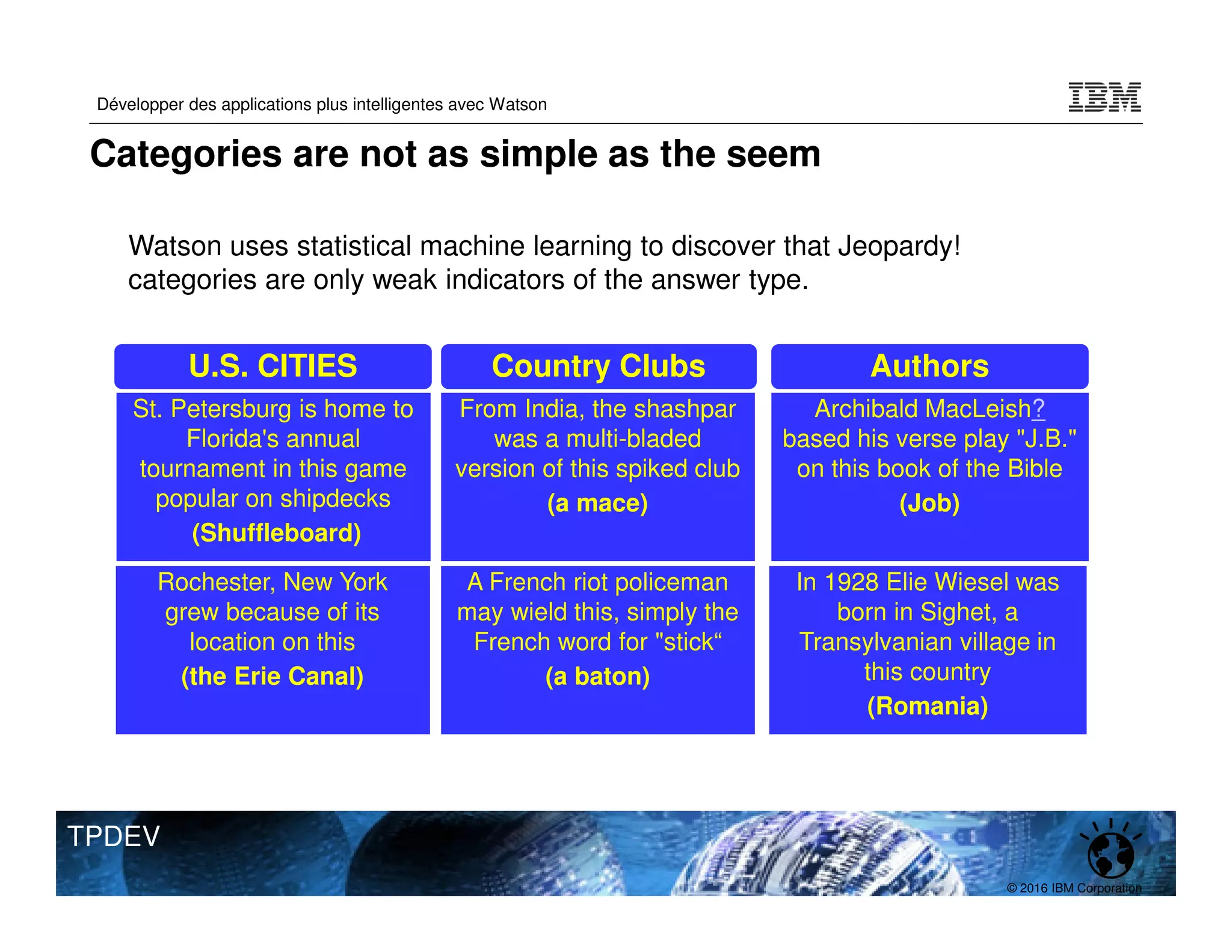 © 2016 IBM Corporation
Développer des applications plus intelligentes avec Watson
TPDEV
St. Petersburg is home to
Florida's annual
tournament in this game
popular on shipdecks
(Shuffleboard)
St. Petersburg is home to
Florida's annual
tournament in this game
popular on shipdecks
(Shuffleboard)
U.S. CITIES
U.S. CITIES
Rochester, New York
grew because of its
location on this
(the Erie Canal)
Rochester, New York
grew because of its
location on this
(the Erie Canal)
From India, the shashpar
was a multi-bladed
version of this spiked club
(a mace)
From India, the shashpar
was a multi-bladed
version of this spiked club
(a mace)
Country Clubs
Country Clubs
A French riot policeman
may wield this, simply the
French word for "stick“
(a baton)
A French riot policeman
may wield this, simply the
French word for "stick“
(a baton)
Archibald MacLeish?
based his verse play "J.B."
on this book of the Bible
(Job)
Archibald MacLeish?
based his verse play "J.B."
on this book of the Bible
(Job)
Authors
Authors
In 1928 Elie Wiesel was
born in Sighet, a
Transylvanian village in
this country
(Romania)
In 1928 Elie Wiesel was
born in Sighet, a
Transylvanian village in
this country
(Romania)
Watson uses statistical machine learning to discover that Jeopardy!
categories are only weak indicators of the answer type.
Categories are not as simple as the seem
 