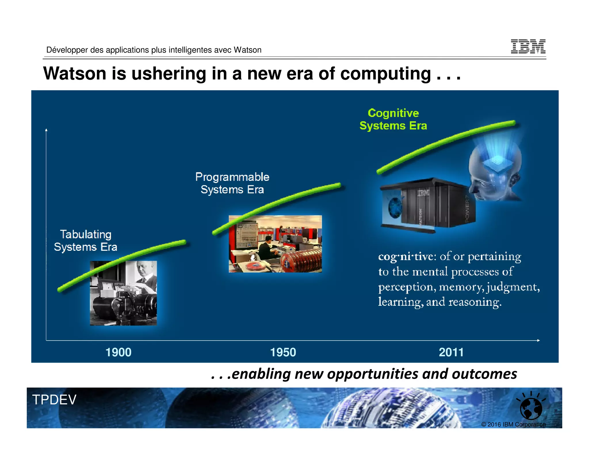© 2016 IBM Corporation
Développer des applications plus intelligentes avec Watson
TPDEV
1900 1950 2011
. . .enabling new opportunities and outcomes
Watson is ushering in a new era of computing . . .
 