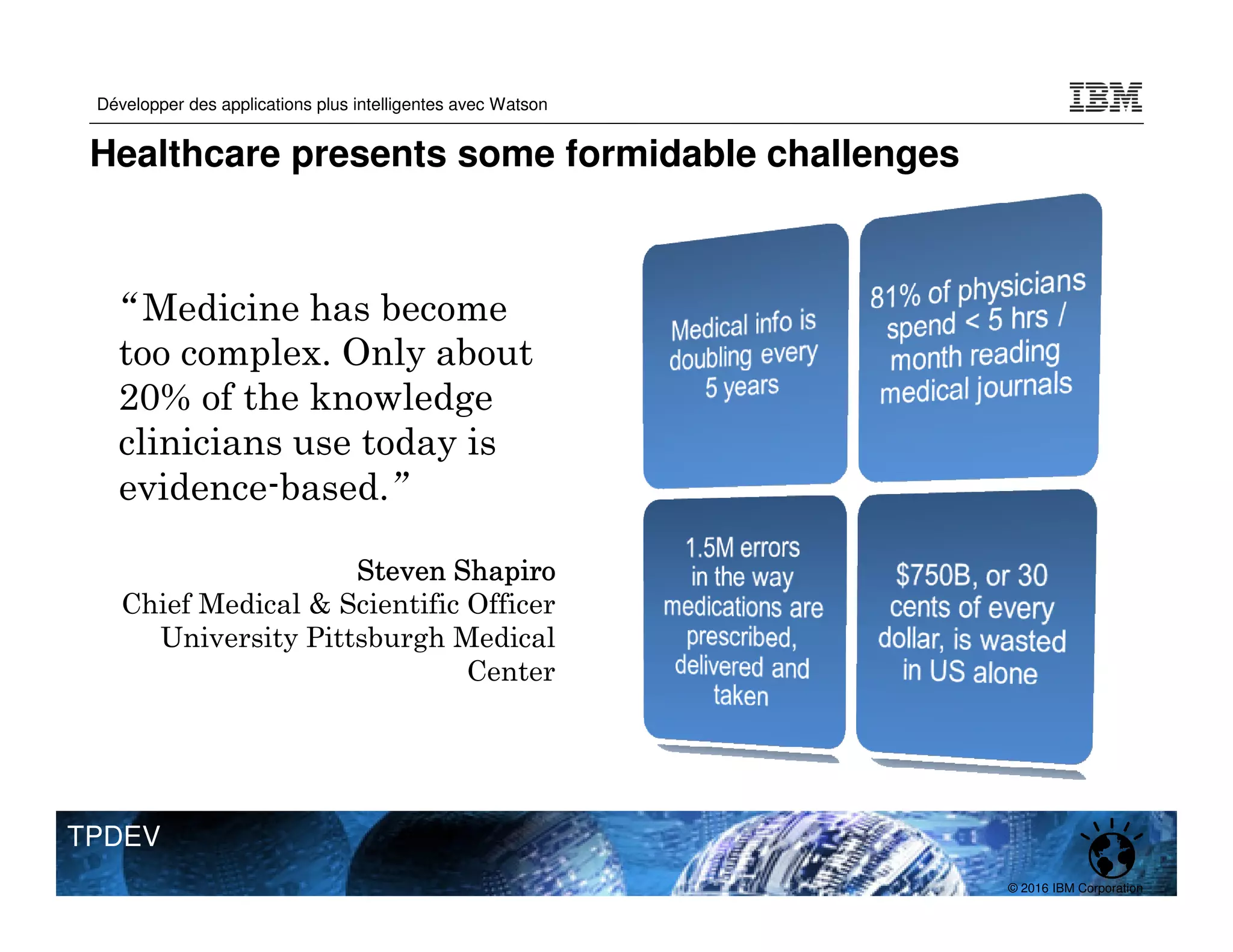 © 2016 IBM Corporation
Développer des applications plus intelligentes avec Watson
TPDEV
“Medicine has become
too complex. Only about
20% of the knowledge
clinicians use today is
evidence-based.”
Steven Shapiro
Steven Shapiro
Steven Shapiro
Steven Shapiro
Chief Medical & Scientific Officer
University Pittsburgh Medical
Center
Healthcare presents some formidable challenges
 