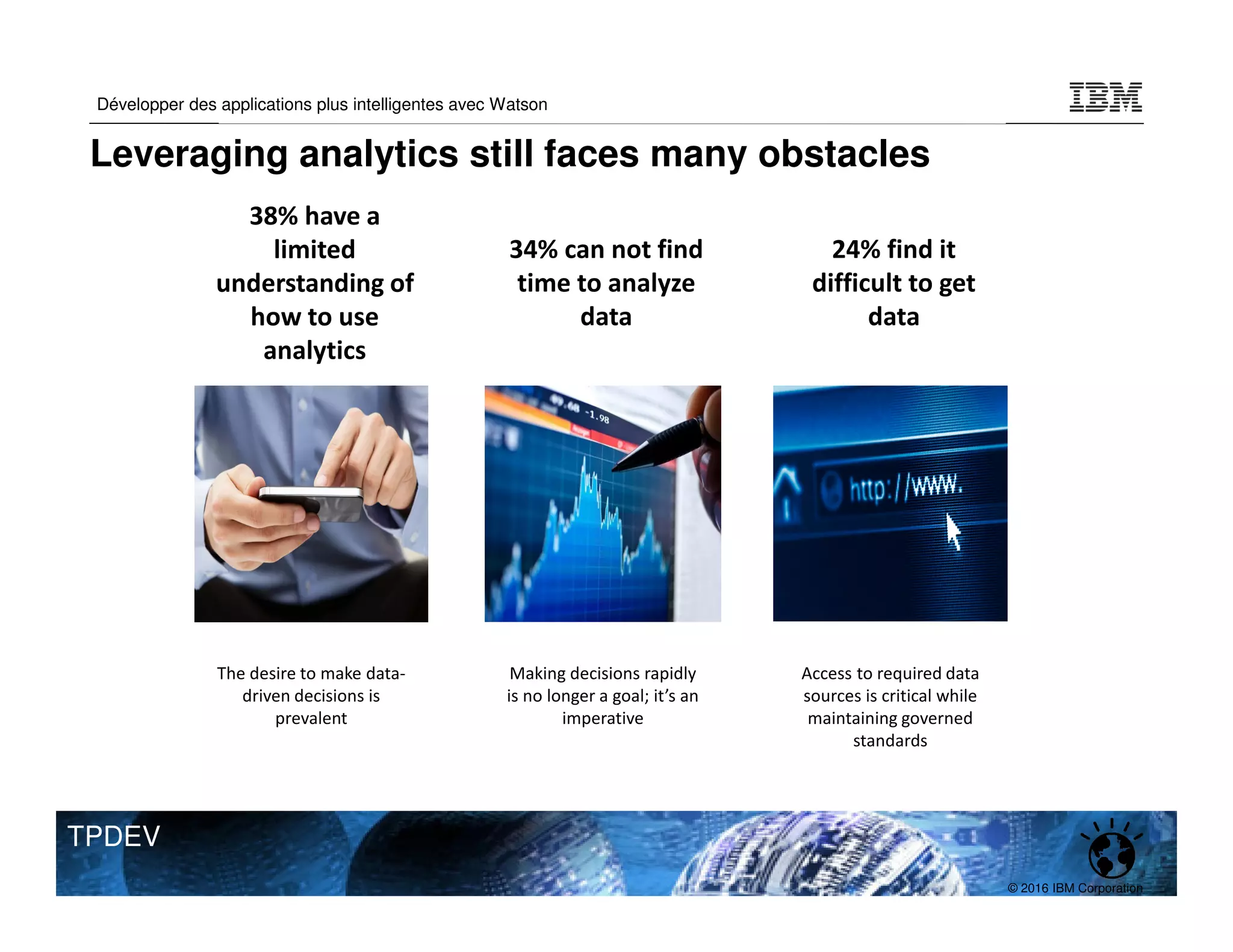 © 2016 IBM Corporation
Développer des applications plus intelligentes avec Watson
TPDEV
Making decisions rapidly
is no longer a goal; it’s an
imperative
The desire to make data-
driven decisions is
prevalent
Access to required data
sources is critical while
maintaining governed
standards
34% can not find
time to analyze
data
38% have a
limited
understanding of
how to use
analytics
24% find it
difficult to get
data
Leveraging analytics still faces many obstacles
 