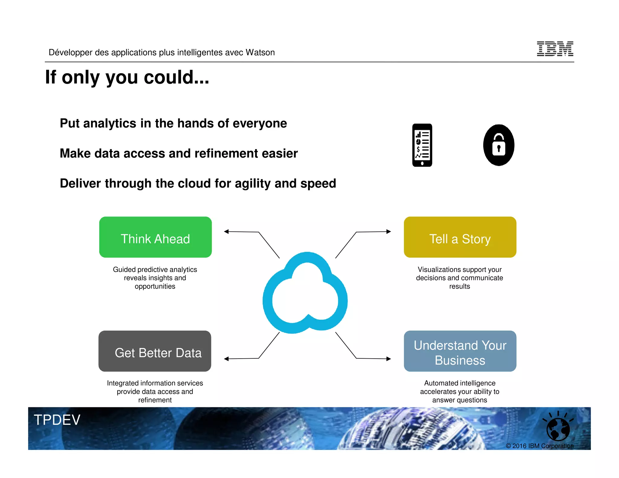 © 2016 IBM Corporation
Développer des applications plus intelligentes avec Watson
TPDEV
Put analytics in the hands of everyone
Make data access and refinement easier
Deliver through the cloud for agility and speed
Think Ahead Tell a Story
Understand Your
Business
Get Better Data
Mobile Ready Secure
Integrated information services
provide data access and
refinement
Automated intelligence
accelerates your ability to
answer questions
Guided predictive analytics
reveals insights and
opportunities
Visualizations support your
decisions and communicate
results
If only you could...
 