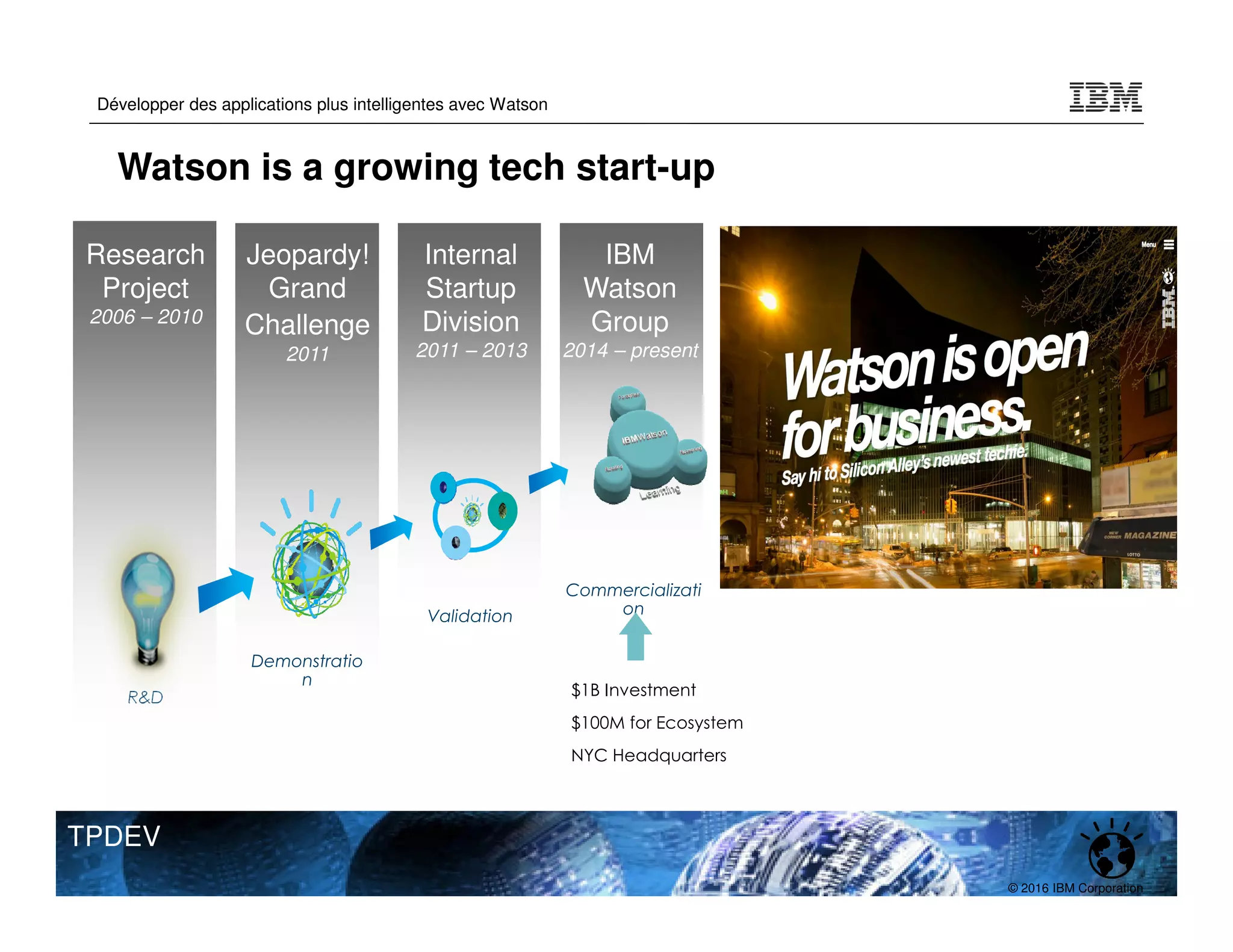 © 2016 IBM Corporation
Développer des applications plus intelligentes avec Watson
TPDEV
Watson is a growing tech start-up
R&D
Demonstratio
n
Validation
Research
Project
2006 – 2010
Jeopardy!
Grand
Challenge
2011
Internal
Startup
Division
2011 – 2013
IBM
Watson
Group
2014 – present
Commercializati
on
$1B Investment
$100M for Ecosystem
NYC Headquarters
 