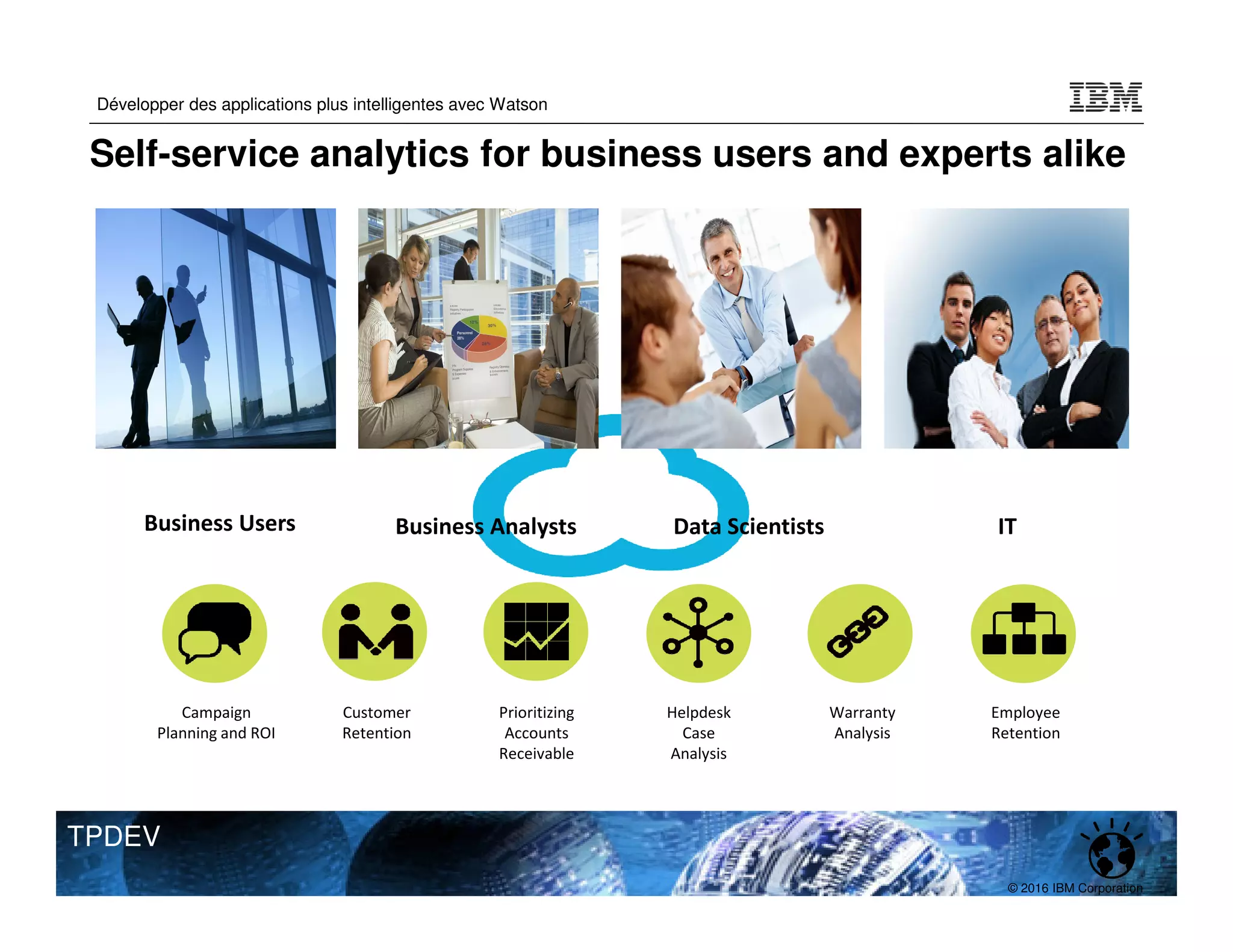 © 2016 IBM Corporation
Développer des applications plus intelligentes avec Watson
TPDEV
Business Users Business Analysts Data Scientists IT
Self-service analytics for business users and experts alike
Prioritizing
Accounts
Receivable
Employee
Retention
Helpdesk
Case
Analysis
Campaign
Planning and ROI
Warranty
Analysis
Customer
Retention
 