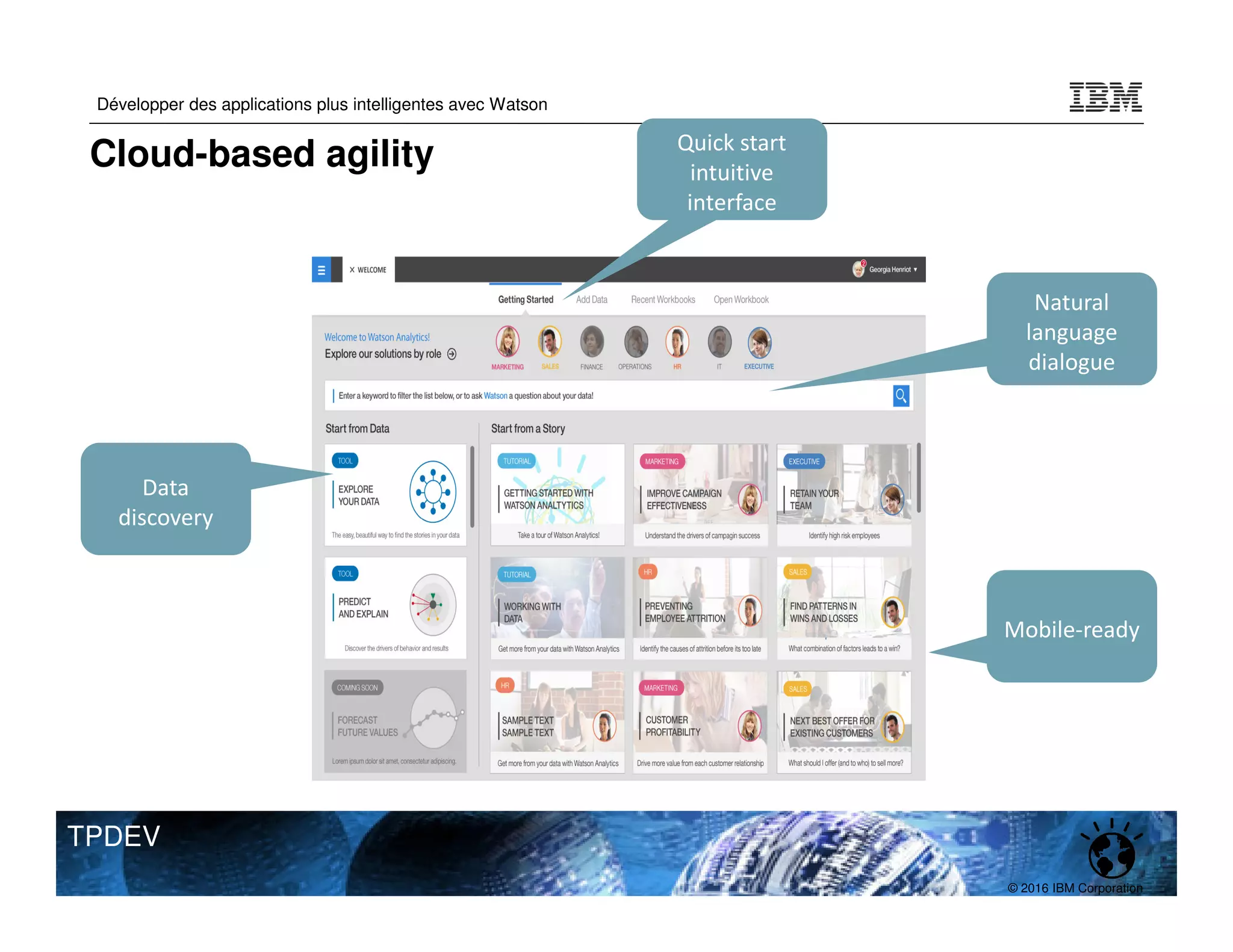 © 2016 IBM Corporation
Développer des applications plus intelligentes avec Watson
TPDEV
Natural
language
dialogue
Data
discovery
Quick start
intuitive
interface
Mobile-ready
Cloud-based agility
 