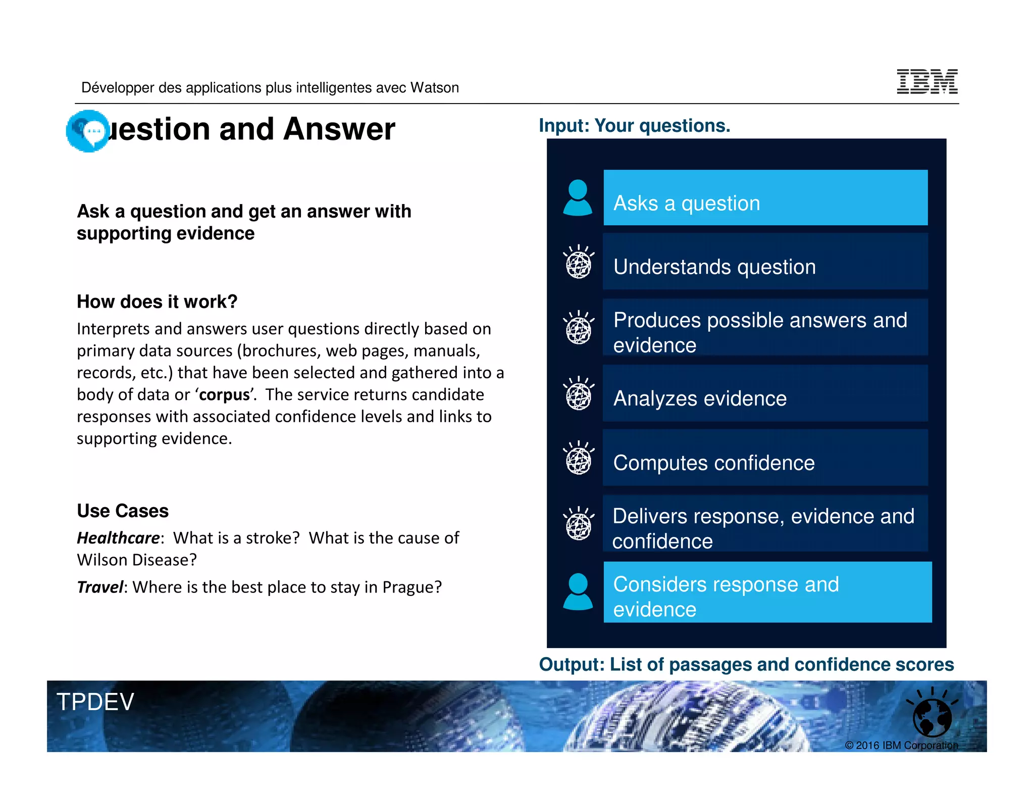 © 2016 IBM Corporation
Développer des applications plus intelligentes avec Watson
TPDEV
Understands question
Produces possible answers and
evidence
Analyzes evidence
Computes confidence
Delivers response, evidence and
confidence
Asks a question
Considers response and
evidence
Ask a question and get an answer with
supporting evidence
How does it work?
Interprets and answers user questions directly based on
primary data sources (brochures, web pages, manuals,
records, etc.) that have been selected and gathered into a
body of data or ‘corpus’. The service returns candidate
responses with associated confidence levels and links to
supporting evidence.
Use Cases
Healthcare: What is a stroke? What is the cause of
Wilson Disease?
Travel: Where is the best place to stay in Prague?
Input: Your questions.
Output: List of passages and confidence scores
Question and Answer
 