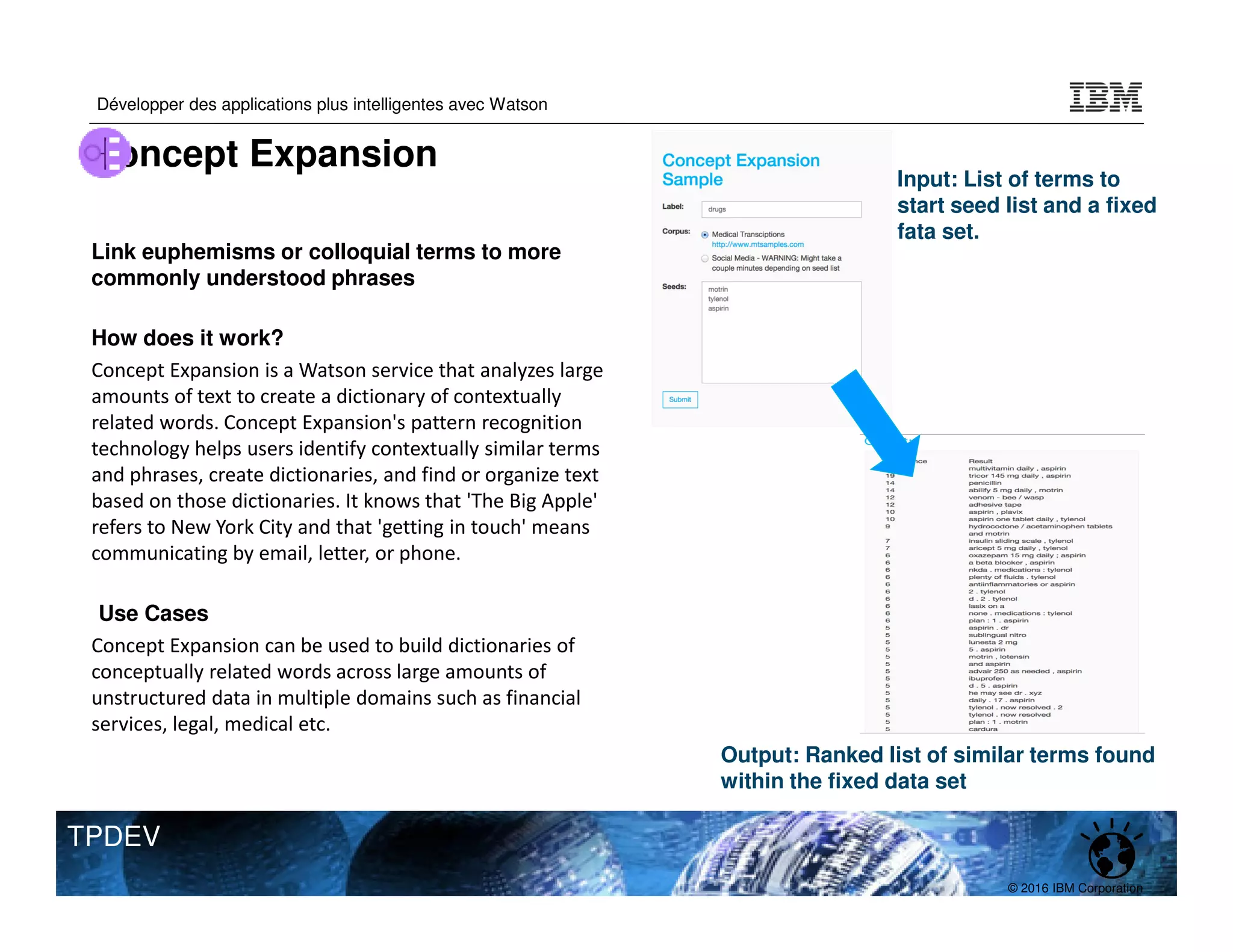 © 2016 IBM Corporation
Développer des applications plus intelligentes avec Watson
TPDEV
Link euphemisms or colloquial terms to more
commonly understood phrases
How does it work?
Concept Expansion is a Watson service that analyzes large
amounts of text to create a dictionary of contextually
related words. Concept Expansion's pattern recognition
technology helps users identify contextually similar terms
and phrases, create dictionaries, and find or organize text
based on those dictionaries. It knows that 'The Big Apple'
refers to New York City and that 'getting in touch' means
communicating by email, letter, or phone.
Use Cases
Concept Expansion can be used to build dictionaries of
conceptually related words across large amounts of
unstructured data in multiple domains such as financial
services, legal, medical etc.
Input: List of terms to
start seed list and a fixed
fata set.
Output: Ranked list of similar terms found
within the fixed data set
Concept Expansion
 