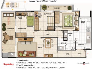 3 quartos
1º pavimento:
Colunas: 01 - 79,85 m² / 02 - 79,66 m² / 04 e 05 - 79,52 m²
2º ao 5º pavimento:
Colunas: 01 - 78,09 m² / 02 - 77,90 m² / 04 e 05 - 77,75 m²
www.brunoiMob.com.br
 