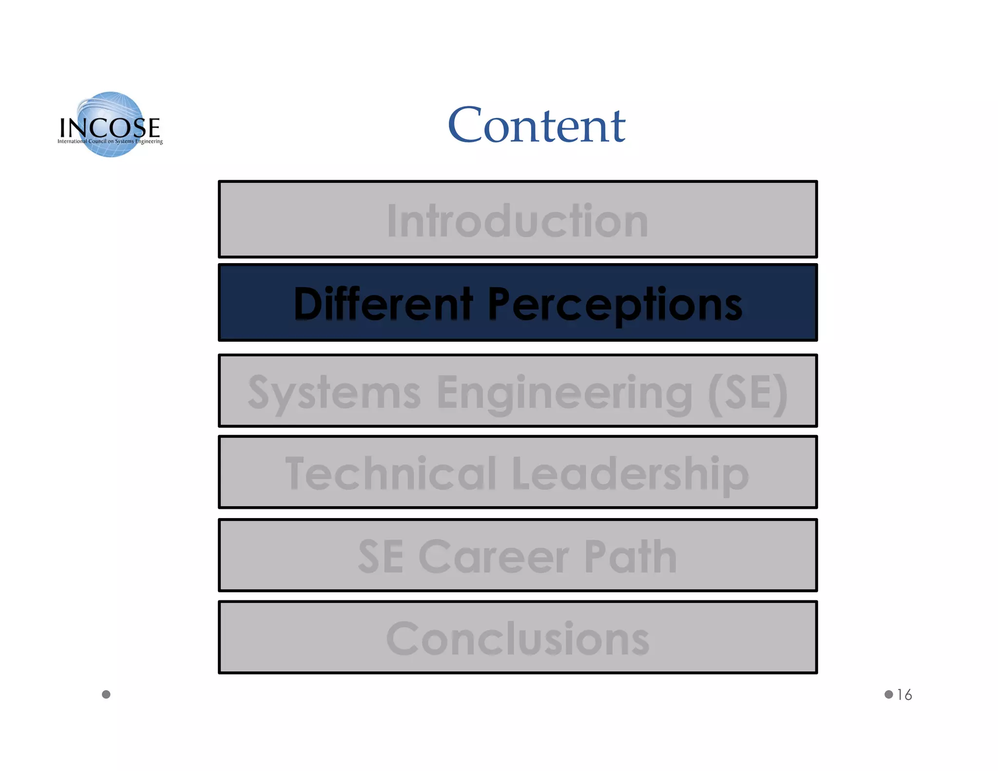 Content
16
Different Perceptions
Systems Engineering (SE)
Technical Leadership
SE Career Path
Conclusions
Introduction
 