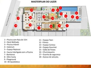 1
2
345
6
7
89
11
10
11
7
12
13
14
15
16
17
18
1 – Piscina com Raia de 15m
2 – Deck Molhado
3 – Piscina Infantil
4 – Solarium
5 – Espaço Repouso
6 – Sauna Interligada com a Piscina
7 - Banheiros
8 – Mini-horta
9 - Playground
10 - Brinquedoteca
11 – Espaço Teen
12 - Fitness
13 – Espaço Carioca
14 – Espaço Gourmet
15 – Salão de Festas
16 – Churrasqueira
17 – Guarita de segurança
18 – Acesso de veículos.
MASTERPLAN DO LAZER
 