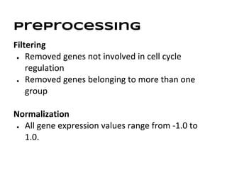 Preprocessing
Filtering
 ● Removed genes not involved in cell cycle

    regulation
 ● Removed genes belonging to more than one

    group

Normalization
● All gene expression values range from -1.0 to

  1.0.
 