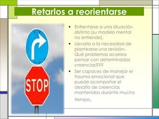 Retarlos a reorientarse
 Enfrentarse a una situación
distinta (su modelo mental
no entiende).
 Llevarlo a la necesidad de
plantearse una revisión-.
Qué problemas acarrea
pensar con determinadas
creencias???
 Ser capaces de manejar el
trauma emocional que
puede acompañar el
desafío de creencias
mantenidas durante mucho
tiempo.
 