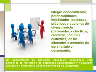 Integra conocimientos,
potencialidades,
habilidades, destrezas,
prácticas y acciones de
diversa índole
(personales, colectivas,
afectivas, sociales,
culturales) en los
diferentes escenarios de
aprendizaje y
desempeño.
Las competencias se adquieren (educación, experiencia, vida
cotidiana), se movilizan y se desarrollan continuamente y no pueden
explicarse y demostrarse independientemente de un contexto.
 