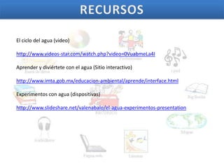 El ciclo del agua (video)

http://www.videos-star.com/watch.php?video=0VuabmeLa4I

Aprender y diviértete con el agua (Sitio interactivo)

http://www.imta.gob.mx/educacion-ambiental/aprende/interface.html

Experimentos con agua (dispositivas)

http://www.slideshare.net/valenabalo/el-agua-experimentos-presentation
 
