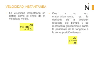 VELOCIDAD INSTANTÁNEA
• La velocidad instantánea se
define como el límite de la
velocidad media.
• Que a su vez,
matemáticamente, es la
derivada de la posición
respecto del tiempo y se
representa gráficamente como
la pendiente de la tangente a
la curva posición-tiempo.
t 0
x
v lim
t
dx
v
dt
 