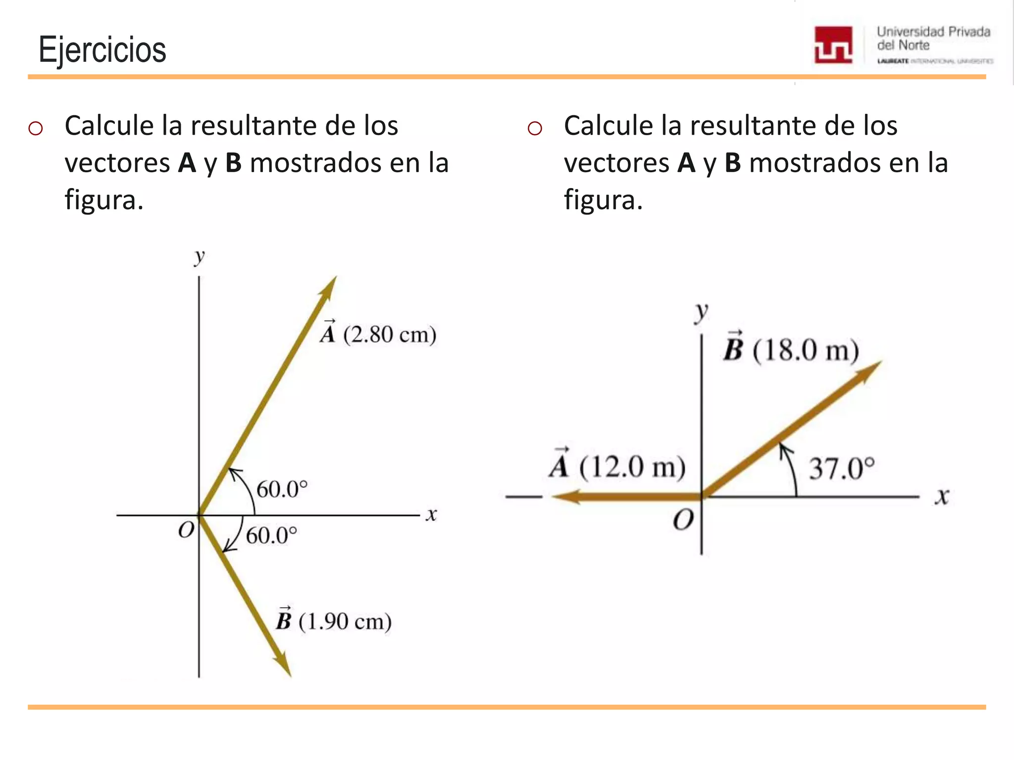 Ejercicios
o Calcule la resultante de los
vectores A y B mostrados en la
figura.
o Calcule la resultante de los
vectores A y B mostrados en la
figura.
 