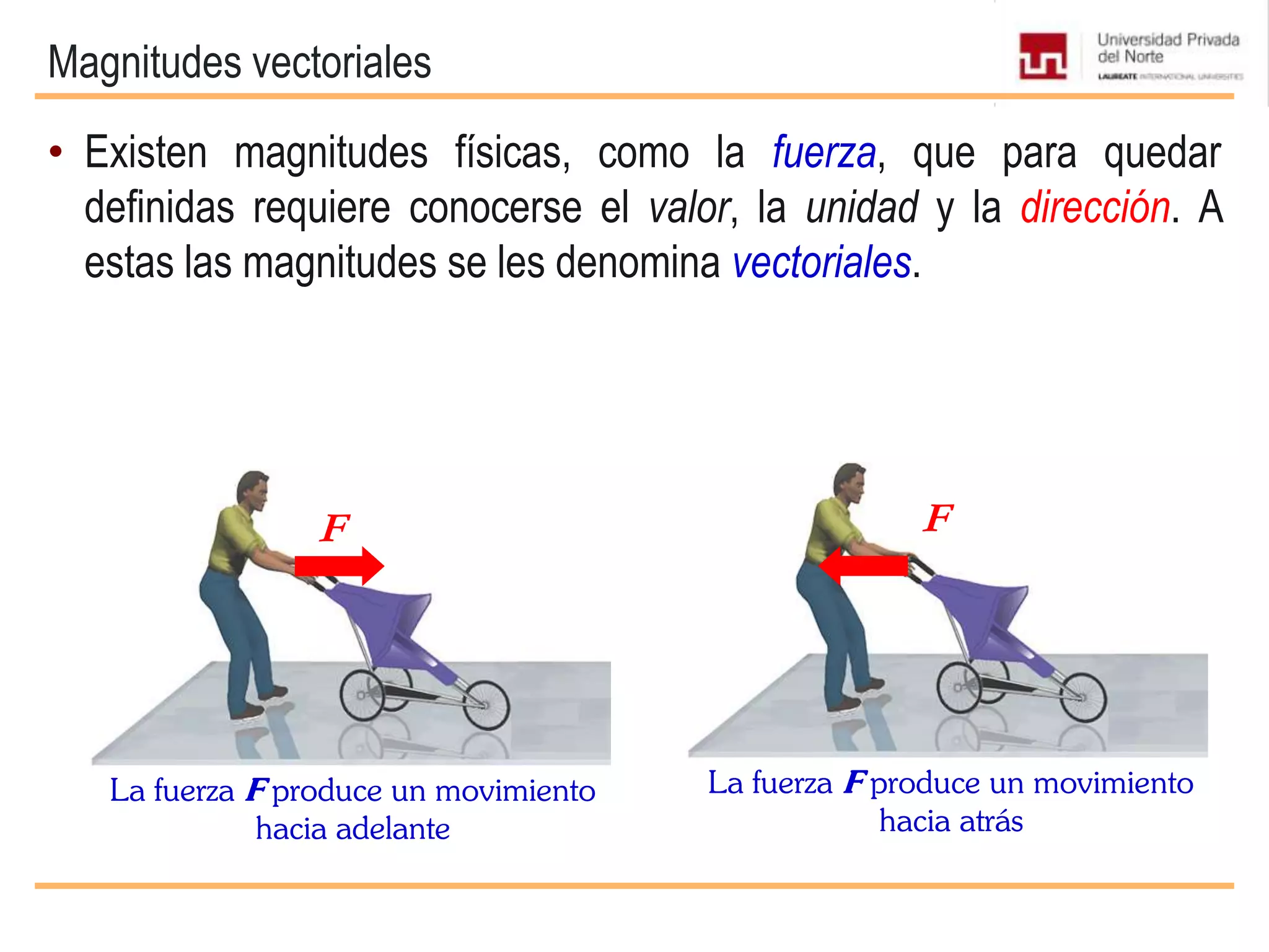 Magnitudes vectoriales
• Existen magnitudes físicas, como la fuerza, que para quedar
definidas requiere conocerse el valor, la unidad y la dirección. A
estas las magnitudes se les denomina vectoriales.
La fuerza F produce un movimiento
hacia adelante
La fuerza F produce un movimiento
hacia atrás
F F
 