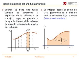 Trabajo realizado por una fuerza variable
o Cuando se tiene una fuerza
variable, se determina la
expresión de la diferencial de
trabajo. Luego, se procede a
integrar la diferencial de trabajo a
lo largo de la trayectoria seguida
por la fuerza.
o La integral, desde el punto de
vista geométrico es el área de
que se encuentra bajo la curva
fuerza-desplazamiento.
29/05/2013 Yuri Milachay 11
dW
2
1
x
x
x
W F dx 
 
