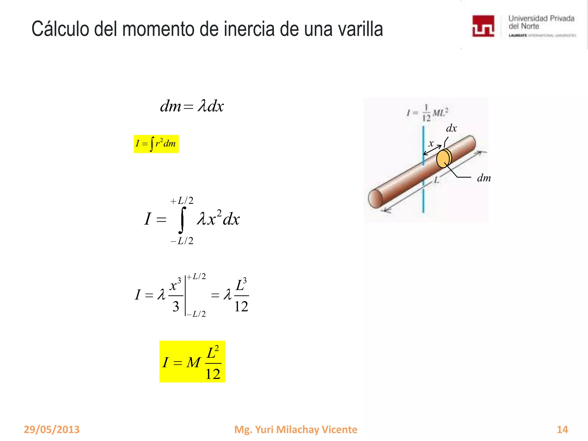 Cálculo del momento de inercia de una varilla
2
I r dm
dm dx
/23 3
/2
3 12
L
L
x L
I
/2
2
/2
L
L
I x dx
29/05/2013 14Mg. Yuri Milachay Vicente
2
12
L
I M
x
dx
dm
 
