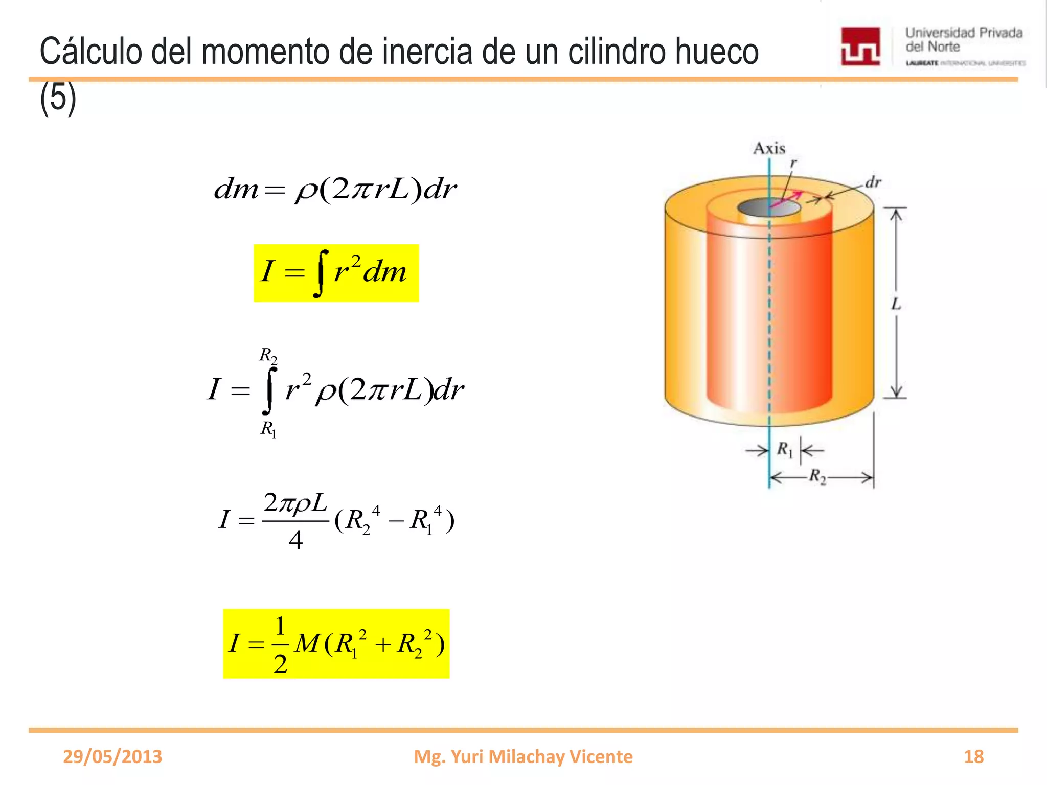 Cálculo del momento de inercia de un cilindro hueco
(5)
29/05/2013 Mg. Yuri Milachay Vicente 18
2
I r dm
(2 )dm rL dr
4 4
2 1
2
( )
4
L
I R R
2
1
2
(2 )
R
R
I r rL dr
2 2
1 2
1
( )
2
I M R R
 
