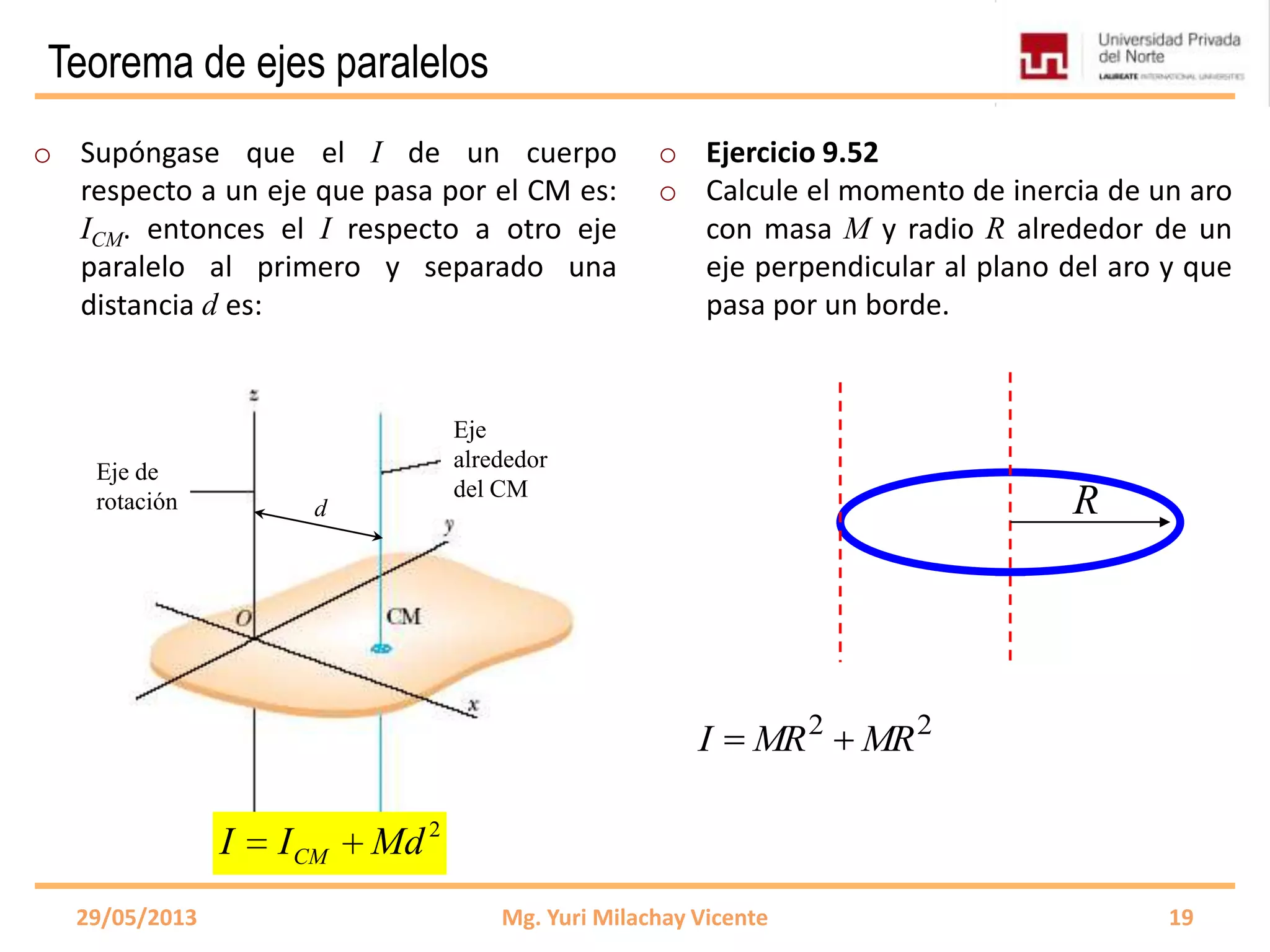 Teorema de ejes paralelos
o Supóngase que el I de un cuerpo
respecto a un eje que pasa por el CM es:
ICM. entonces el I respecto a otro eje
paralelo al primero y separado una
distancia d es:
o Ejercicio 9.52
o Calcule el momento de inercia de un aro
con masa M y radio R alrededor de un
eje perpendicular al plano del aro y que
pasa por un borde.
29/05/2013 Mg. Yuri Milachay Vicente 19
Eje
alrededor
del CM
Eje de
rotación d
2
CMI I Md
R
22
MRMRI
 