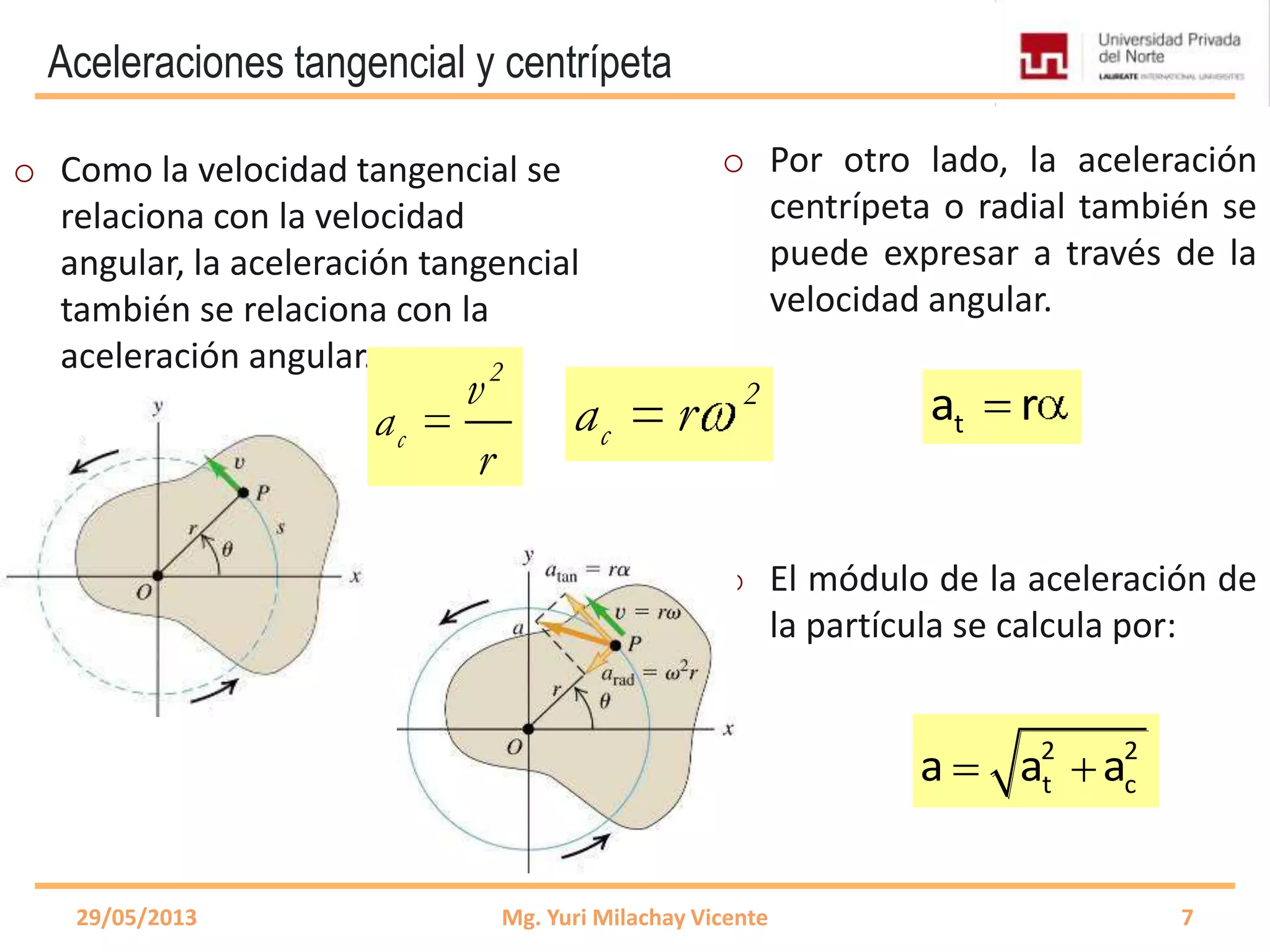 Aceleraciones tangencial y centrípeta
v r
ta r
29/05/2013 Mg. Yuri Milachay Vicente 7
o Por otro lado, la aceleración
centrípeta o radial también se
puede expresar a través de la
velocidad angular.
o El módulo de la aceleración de
la partícula se calcula por:
o Como la velocidad tangencial se
relaciona con la velocidad
angular, la aceleración tangencial
también se relaciona con la
aceleración angular. 2
c
v
a
r
2
ca r
2 2
t ca a a
 