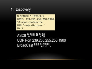 1. Discovery
M-SEARCH * HTTP/1.1
HOST: 239.255.255.250:1900
ST:upnp:rootdevice
MAN:"ssdp:discover“
MX:3
ASCII 형태의 위 전문을
UDP Port 239.255.255.250:1900
BroadCast 포트로 전송한다.
 