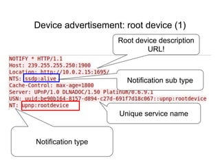 Notification type
Device advertisement: root device (1)
Notification sub type
Unique service name
Root device description
URL!
 