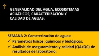 GENERALIDAD DEL AGUA, ECOSISTEMAS
ACUÁTICOS, CARACTERIZACIÓN Y
CALIDAD DE AGUAS.
SEMANA 2: Caracterización de aguas:
✓ Parámetros físicos, químicos y biológicos.
✓ Análisis de aseguramiento y calidad (QA/QC) de
resultados de laboratorio.
 