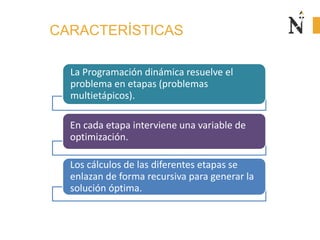 La Programación dinámica resuelve el
problema en etapas (problemas
multietápicos).
En cada etapa interviene una variable de
optimización.
Los cálculos de las diferentes etapas se
enlazan de forma recursiva para generar la
solución óptima.
CARACTERÍSTICAS
 