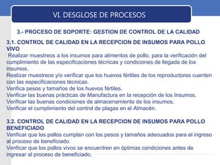 LOGO VI. DESGLOSE DE PROCESOS 
3.- PROCESO DE SOPORTE: GESTION DE CONTROL DE LA CALIDAD 
3.1. CONTROL DE CALIDAD EN LA RECEPCION DE INSUMOS PARA POLLO 
VIVO 
Realizar muestreos a los insumos para alimentos de pollo, para la verificación del 
cumplimiento de las especificaciones técnicas y condiciones de llegada de los 
insumos. 
Realizar muestreos y/o verificar que los huevos fértiles de los reproductores cuenten 
con las especificaciones técnicas. 
Verifica pesos y tamaños de los huevos fértiles. 
Verificar las buenas prácticas de Manufactura en la recepción de los Insumos. 
Verificar las buenas condiciones de almacenamiento de los insumos. 
Verificar el cumplimiento del control de plagas en el Almacén. 
3.2. CONTROL DE CALIDAD EN LA RECEPCION DE INSUMOS PARA POLLO 
BENEFICIADO 
Verificar que los pollos cumplan con los pesos y tamaños adecuados para el ingreso 
al proceso de beneficiado. 
Verificar que los pollos vivos se encuentren en óptimas condiciones antes de 
ingresar al proceso de beneficiado. 
 