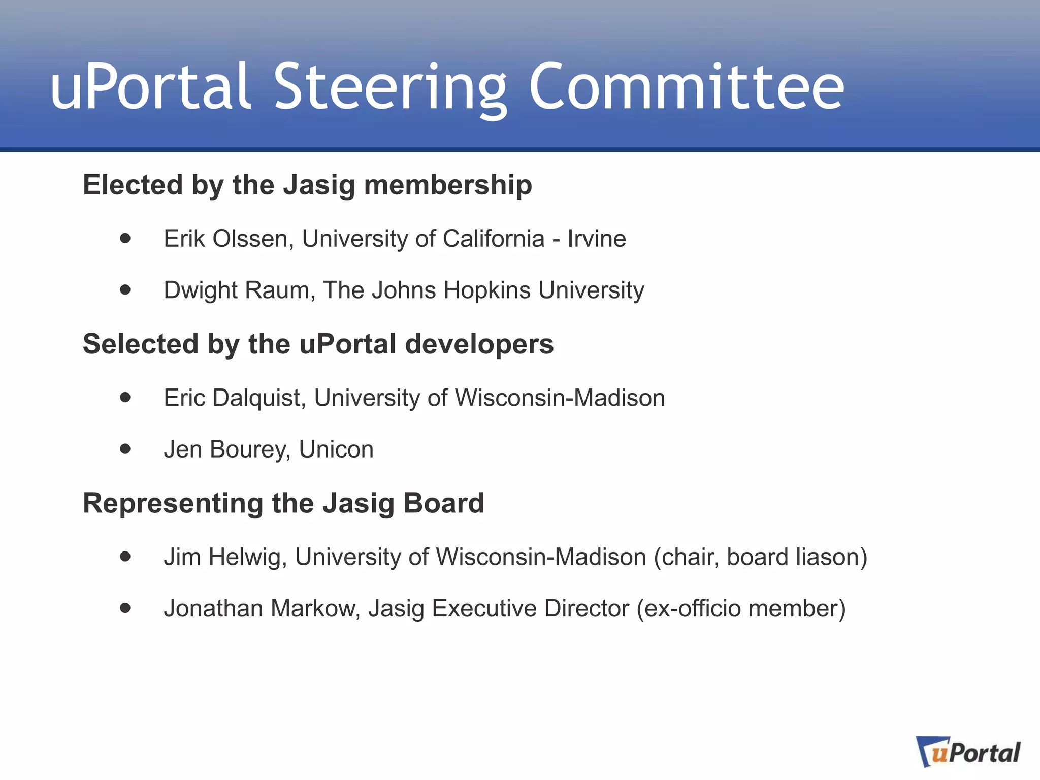 uPortal Steering Committee
 Elected by the Jasig membership

   •   Erik Olssen, University of California - Irvine

   •   Dwight Raum, The Johns Hopkins University

 Selected by the uPortal developers

   •   Eric Dalquist, University of Wisconsin-Madison

   •   Jen Bourey, Unicon

 Representing the Jasig Board

   •   Jim Helwig, University of Wisconsin-Madison (chair, board liason)

   •   Jonathan Markow, Jasig Executive Director (ex-officio member)
 