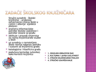 Stručni suradnik - školski knjižničar - pridonosi ostvarivanju ciljeva škole u cjelini i obavlja  sljedeće poslove: analizira informacijske potrebe školske zajednice i potrebe vezane za građu oblikuje i provodi smjernice za razvoj knjižničarske službe u školi uz suradnju s ravnateljem škole razvija nabavnu politiku i sustave za knjižničnu građu katalogizira i klasificira građu podučava korisnike (učenike) kako koristiti knjižnicu 1. ODGOJNO-OBRAZOVNI RAD 2. KULTURNA I JAVNA DJELATNOST 3. STRUČNI KNJIŽNIČARSKI POSLOVI  4. STRUČNO USAVRŠAVANJE 