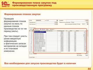 44
Формирование плана закупок под
производственную программу
Формирование планов закупок
Проведем
формирование планов
закупок на июль по
данным планов
производства на тот же
период (июль).
При том следует учесть
ранее введенную
информацию
о фактических запасах
материалов на складах
и их плановом
изменении.
Все необходимое для запуска производства будет в наличии
 