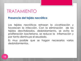 TRATAMIENTO
Presencia del tejido necrótico
Los tejidos necróticos retrasan la cicatrización y
favorecen la infección. Con la eliminación de los
tejidos desvitalizados, desbridamiento, se evita la
proliferación bacteriana, se reduce la inflamación y
por tanto disminuye el exudado.
Es muy posible que se hagan necesarios varios
desbridamientos.
15
 