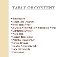 • Introduction
• Single Line Diagram
•Power Transformer
• A Quick Picture Of How Substation Works
• Lightening Arrestor
• Wave Trap
• Current Transformer
• Potential Transformer
• Circuit Breaker
• Isolator & Earth Switch
• New Instruments
• Conclusion
 