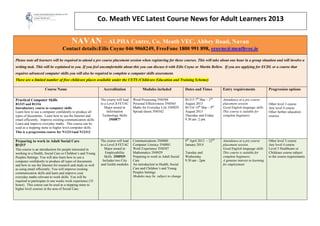 Co. Meath VEC Latest Course News for Adult Learners 2013

                                        NAVAN – ALPHA Centre, Co. Meath VEC, Abbey Road, Navan
                                  Contact details:Eilis Coyne 046 9068249, FreeFone 1800 991 898, ecoyne@meathvec.ie

Please note all learners will be required to attend a pre course placement session when registering for these courses. This will take about one hour in a group situation and will involve a
writing task. This will be explained to you. If you feel uncomfortable about this you can discuss it with Eilis Coyne or Martin Bellew. If you are applying for ECDL or a course that
requires advanced computer skills you will also be required to complete a computer skills assessment.
There are a limited number of free childcare places available under the CETS (Childcare Education and Training Scheme)

                     Course Name                               Accreditation              Modules included              Dates and Times         Entry requirements               Progression options

Practical Computer Skills                                    The course will lead   Word Processing 3N0588              B1315 7th Mar – 2nd     Attendance at a pre course
B1315 and B1316                                              to a Level 3 FETAC     Personal Effectiveness 3N0565       August 2013             placement session.               Other level 3 course
Introductory course to computer skills                          Major award in      Maths for Everyday Life 3N0929      B1316 14th Mar – 9th    Good English language skills     Any level 4 course
Learn how to use a computer confidently to produce all            Information       Spread sheets 3N0542                August 2013             This course is suitable for      Other further education
types of documents. Learn how to use the Internet and         Technology Skills                                         Thursday and Friday     complete beginners.              courses
email efficiently. Improve existing communication skills.           3M0877                                              9.30 am -2 pm
Learn and improve everyday maths. This course can be
used as a stepping stone to higher level computer skills.
This is a progression course for N12311and N12312

Preparing to work in Adult Social Care                       The course will lead   Communications 3N0880               9th April 2013 – 22nd   Attendance at a pre course       Other level 3 course
B1317                                                        to a Level 3 FETAC     Computer Literacy 3N0881            January 2014            placement session.               Any level 4 course
This course is an introduction for people interested in         Major award in      Work Experience 3N0587                                      Good English language skills     Level 5 Healthcare or
working in a Health, Social Care or Children’s and Young        Employability       Mathematics 3N0929                  Tuesday and             This course is suitable for      Childcare course subject
Peoples Settings. You will also learn how to use a              Skills 3M0935       Preparing to work in Adult Social   Wednesday               complete beginners.              to the course requirements
computer confidently to produce all types of documents        Includes two City     Care                                9.30 am - 2pm           A genuine interest in learning
and how to use the Internet for research and study as well   and Guilds modules     An introduction to Health, Social                           for employment
as using email efficiently. You will improve existing                               Care and Children’s and Young
communication skills and learn and improve your                                     Peoples Settings
everyday maths relevant to work skills. You will be                                 Modules may be subject to change
required to participate in one weeks work experience (35
hours). This course can be used as a stepping stone to
higher level courses in the area of Social Care.
 
