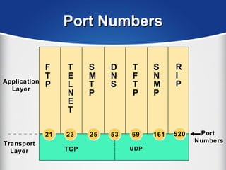 Port NumbersPort Numbers
TCP
Port
Numbers
F
T
P
Transport
Layer
T
E
L
N
E
T
D
N
S
S
N
M
P
T
F
T
P
S
M
T
P
UDP
Application
Layer
2121 2323 2525 5353 6969 161161
R
I
P
520520
 