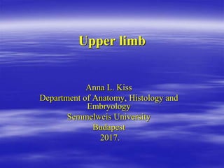 Upper limb
Anna L. Kiss
Department of Anatomy, Histology and
Embryology
Semmelweis University
Budapest
2017.
 