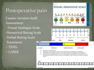 Causes: incision itself.
Assessment:
-Visual Analogue Scale
-Numerical Rating Scale
-Verbal Rating Scale
Treatment:
 TENS.
 LASER
 