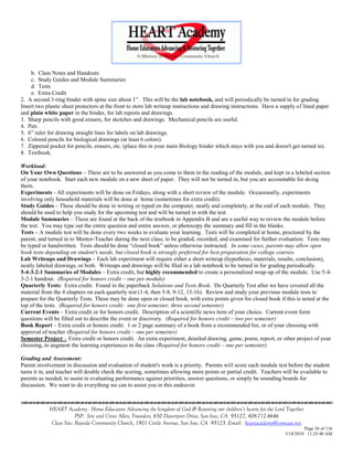 b. Class Notes and Handouts
    c. Study Guides and Module Summaries
    d. Tests
    e. Extra Credit
2. A second 3-ring binder with spine size about 1‖. This will be the lab notebook, and will periodically be turned in for grading.
Insert two plastic sheet protectors at the front to store lab writeup instructions and drawing instructions. Have a supply of lined paper
and plain white paper in the binder, for lab reports and drawings.
3. Sharp pencils with good erasers, for sketches and drawings. Mechanical pencils are useful.
4. Pen.
5. 6‖ ruler for drawing straight lines for labels on lab drawings.
6. Colored pencils for biological drawings (at least 6 colors).
7. Zippered pocket for pencils, erasers, etc. (place this in your main Biology binder which stays with you and doesn't get turned in).
8. Textbook.

Workload:
On Your Own Questions – These are to be answered as you come to them in the reading of the module, and kept in a labeled section
of your notebook. Start each new module on a new sheet of paper. They will not be turned in, but you are accountable for doing
them.
Experiments - All experiments will be done on Fridays, along with a short review of the module. Occasionally, experiments
involving only household materials will be done at home (sometimes for extra credit).
Study Guides – These should be done in writing or typed on the computer, neatly and completely, at the end of each module. They
should be used to help you study for the upcoming test and will be turned in with the test.
Module Summaries – These are found at the back of the textbook in Appendix B and are a useful way to review the module before
the test. You may type out the entire question and entire answer, or photocopy the summary and fill in the blanks.
Tests – A module test will be done every two weeks to evaluate your learning. Tests will be completed at home, proctored by the
parent, and turned in to Mentor-Teacher during the next class, to be graded, recorded, and examined for further evaluation. Tests may
be typed or handwritten. Tests should be done ―closed book‖ unless otherwise instructed. In some cases, parents may allow open
book tests depending on student's needs, but closed book is strongly preferred for best preparation for college courses.
Lab Writeups and Drawings – Each lab experiment will require either a short writeup (hypothesis, materials, results, conclusion),
neatly labeled drawings, or both. Writeups and drawings will be filed in a lab notebook to be turned in for grading periodically.
5-4-3-2-1 Summaries of Modules – Extra credit, but highly recommended to create a personalized wrap-up of the module. Use 5-4-
3-2-1 handout. (Required for honors credit – one per module)
Quarterly Tests: Extra credit. Found in the paperback Solutions and Tests Book. Do Quarterly Test after we have covered all the
material from the 4 chapters on each quarterly test (1-4, then 5-8, 9-12, 13-16). Review and study your previous module tests to
prepare for the Quarterly Tests. These may be done open or closed book, with extra points given for closed book if this is noted at the
top of the tests. (Required for honors credit: one first semester, three second semester)
Current Events – Extra credit or for honors credit. Description of a scientific news item of your choice. Current event form
questions will be filled out to describe the event or discovery. (Required for honors credit – two per semester)
Book Report – Extra credit or honors credit. 1 or 2 page summary of a book from a recommended list, or of your choosing with
approval of teacher (Required for honors credit – one per semester)
Semester Project – Extra credit or honors credit. An extra experiment, detailed drawing, game, poem, report, or other project of your
choosing, to augment the learning experiences in the class (Required for honors credit – one per semester)

Grading and Assessment:
Parent involvement in discussion and evaluation of student's work is a priority. Parents will score each module test before the student
turns it in, and teacher will double check the scoring, sometimes allowing more points or partial credit. Teachers will be available to
parents as needed, to assist in evaluating performance against priorities, answer questions, or simply be sounding boards for
discussion. We want to do everything we can to assist you in this endeavor.



            HEART Academy - Home Educators Advancing the kingdom of God & Restoring our children’s hearts for the Lord Together
                         PSP: Jere and Crissi Allen, Founders, 650 Davenport Drive, San Jose, CA 95127, 408-712-4646
             Class Site: Bayside Community Church, 1901 Cottle Avenue, San Jose, CA 95125, Email: heartacademy@comcast.net
                                                                                                                               Page 36 of 116
                                                                                                                      3/18/2010 11:25:40 AM
 