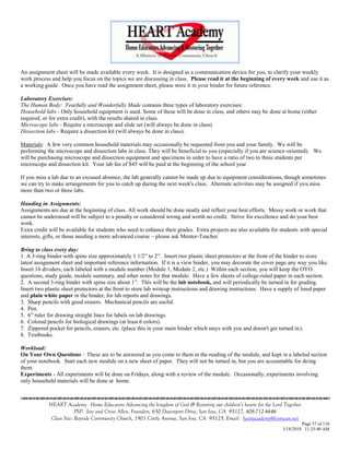 An assignment sheet will be made available every week. It is designed as a communication device for you, to clarify your weekly
work process and help you focus on the topics we are discussing in class. Please read it at the beginning of every week and use it as
a working guide. Once you have read the assignment sheet, please store it in your binder for future reference.

Laboratory Exercises:
The Human Body: Fearfully and Wonderfully Made contains three types of laboratory exercises:
Household labs - Only household equipment is used. Some of these will be done in class, and others may be done at home (either
required, or for extra credit), with the results shared in class.
Microscope labs - Require a microscope and slide set (will always be done in class).
Dissection labs - Require a dissection kit (will always be done in class).

Materials: A few very common household materials may occasionally be requested from you and your family. We will be
performing the microscope and dissection labs in class. They will be beneficial to you (especially if you are science-oriented). We
will be purchasing microscope and dissection equipment and specimens in order to have a ratio of two to three students per
microscope and dissection kit. Your lab fee of $45 will be paid at the beginning of the school year.

If you miss a lab due to an excused absence, the lab generally cannot be made up due to equipment considerations, though sometimes
we can try to make arrangements for you to catch up during the next week's class. Alternate activities may be assigned if you miss
more than two or three labs.

Handing in Assignments:
Assignments are due at the beginning of class. All work should be done neatly and reflect your best efforts. Messy work or work that
cannot be understood will be subject to a penalty or considered wrong and worth no credit. Strive for excellence and do your best
work.
Extra credit will be available for students who need to enhance their grades. Extra projects are also available for students with special
interests, gifts, or those needing a more advanced course – please ask Mentor-Teacher.

Bring to class every day:
1. A 3-ring binder with spine size approximately 1 1/2‖ to 2‖. Insert two plastic sheet protectors at the front of the binder to store
latest assignment sheet and important reference information. If it is a view binder, you may decorate the cover page any way you like.
Insert 16 dividers, each labeled with a module number (Module 1, Module 2, etc.) Within each section, you will keep the OYO
questions, study guide, module summary, and other notes for that module. Have a few sheets of college-ruled paper in each section.
2. A second 3-ring binder with spine size about 1‖. This will be the lab notebook, and will periodically be turned in for grading.
Insert two plastic sheet protectors at the front to store lab writeup instructions and drawing instructions. Have a supply of lined paper
and plain white paper in the binder, for lab reports and drawings.
3. Sharp pencils with good erasers. Mechanical pencils are useful.
4. Pen.
5. 6‖ ruler for drawing straight lines for labels on lab drawings.
6. Colored pencils for biological drawings (at least 6 colors).
7. Zippered pocket for pencils, erasers, etc. (place this in your main binder which stays with you and doesn't get turned in).
8. Textbooks.

Workload:
On Your Own Questions – These are to be answered as you come to them in the reading of the module, and kept in a labeled section
of your notebook. Start each new module on a new sheet of paper. They will not be turned in, but you are accountable for doing
them.
Experiments - All experiments will be done on Fridays, along with a review of the module. Occasionally, experiments involving
only household materials will be done at home.



            HEART Academy - Home Educators Advancing the kingdom of God & Restoring our children’s hearts for the Lord Together
                         PSP: Jere and Crissi Allen, Founders, 650 Davenport Drive, San Jose, CA 95127, 408-712-4646
             Class Site: Bayside Community Church, 1901 Cottle Avenue, San Jose, CA 95125, Email: heartacademy@comcast.net
                                                                                                                               Page 57 of 116
                                                                                                                      3/18/2010 11:25:40 AM
 