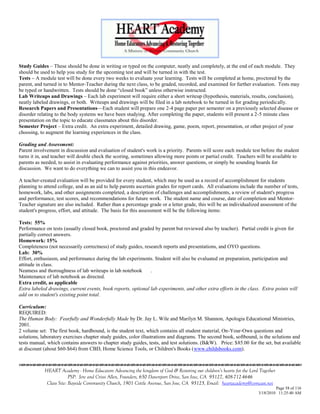 Study Guides – These should be done in writing or typed on the computer, neatly and completely, at the end of each module. They
should be used to help you study for the upcoming test and will be turned in with the test.
Tests – A module test will be done every two weeks to evaluate your learning. Tests will be completed at home, proctored by the
parent, and turned in to Mentor-Teacher during the next class, to be graded, recorded, and examined for further evaluation. Tests may
be typed or handwritten. Tests should be done ―closed book‖ unless otherwise instructed.
Lab Writeups and Drawings – Each lab experiment will require either a short writeup (hypothesis, materials, results, conclusion),
neatly labeled drawings, or both. Writeups and drawings will be filed in a lab notebook to be turned in for grading periodically.
Research Papers and Presentations—Each student will prepare one 2-4 page paper per semester on a previously selected disease or
disorder relating to the body systems we have been studying. After completing the paper, students will present a 2-5 minute class
presentation on the topic to educate classmates about this disorder.
Semester Project – Extra credit. An extra experiment, detailed drawing, game, poem, report, presentation, or other project of your
choosing, to augment the learning experiences in the class.

Grading and Assessment:
Parent involvement in discussion and evaluation of student's work is a priority. Parents will score each module test before the student
turns it in, and teacher will double check the scoring, sometimes allowing more points or partial credit. Teachers will be available to
parents as needed, to assist in evaluating performance against priorities, answer questions, or simply be sounding boards for
discussion. We want to do everything we can to assist you in this endeavor.

A teacher-created evaluation will be provided for every student, which may be used as a record of accomplishment for students
planning to attend college, and as an aid to help parents ascertain grades for report cards. All evaluations include the number of tests,
homework, labs, and other assignments completed, a description of challenges and accomplishments, a review of student's progress
and performance, test scores, and recommendations for future work. The student name and course, date of completion and Mentor-
Teacher signature are also included. Rather than a percentage grade or a letter grade, this will be an individualized assessment of the
student's progress, effort, and attitude. The basis for this assessment will be the following items:

Tests: 55%
Performance on tests (usually closed book, proctored and graded by parent but reviewed also by teacher). Partial credit is given for
partially correct answers.
Homework: 15%
Completeness (not necessarily correctness) of study guides, research reports and presentations, and OYO questions.
Lab: 30%
Effort, enthusiasm, and performance during the lab experiments. Student will also be evaluated on preparation, participation and
attitude in class.
Neatness and thoroughness of lab writeups in lab notebook      .
Maintenance of lab notebook as directed.
Extra credit, as applicable
Extra labeled drawings, current events, book reports, optional lab experiments, and other extra efforts in the class. Extra points will
add on to student's existing point total.

Curriculum:
REQUIRED:
The Human Body: Fearfully and Wonderfully Made by Dr. Jay L. Wile and Marilyn M. Shannon, Apologia Educational Ministries,
2001.
2 volume set: The first book, hardbound, is the student text, which contains all student material, On-Your-Own questions and
solutions, laboratory exercises chapter study guides, color illustrations and diagrams. The second book, softbound, is the solutions and
tests manual, which contains answers to chapter study guides, tests, and test solutions. (B&W). Price: $85.00 for the set, but available
at discount (about $60-$64) from CBD, Home Science Tools, or Children's Books (www.childsbooks.com).



            HEART Academy - Home Educators Advancing the kingdom of God & Restoring our children’s hearts for the Lord Together
                         PSP: Jere and Crissi Allen, Founders, 650 Davenport Drive, San Jose, CA 95127, 408-712-4646
             Class Site: Bayside Community Church, 1901 Cottle Avenue, San Jose, CA 95125, Email: heartacademy@comcast.net
                                                                                                                               Page 58 of 116
                                                                                                                      3/18/2010 11:25:40 AM
 