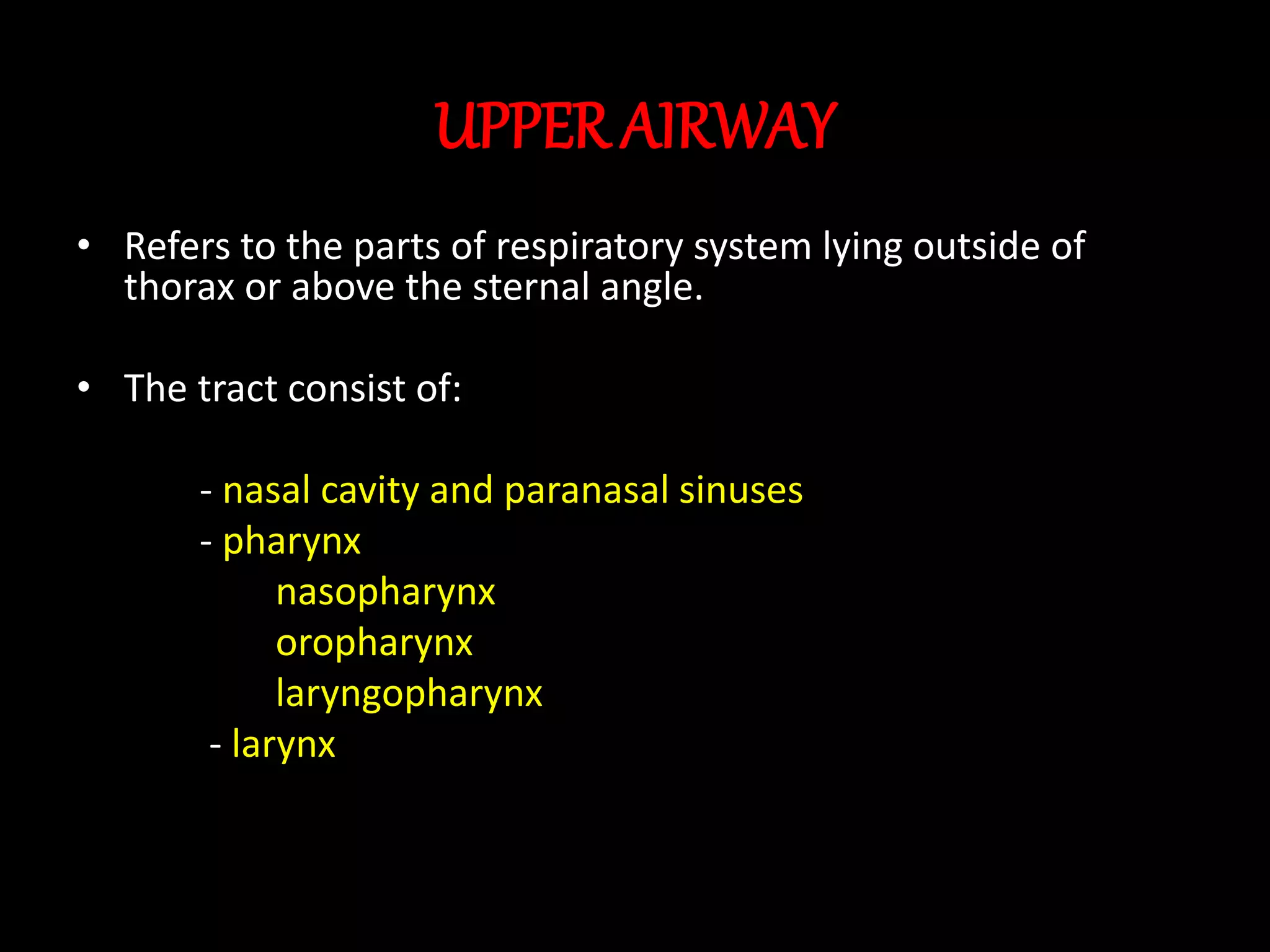 UPPER AIRWAY
• Refers to the parts of respiratory system lying outside of
thorax or above the sternal angle.
• The tract consist of:
- nasal cavity and paranasal sinuses
- pharynx
nasopharynx
oropharynx
laryngopharynx
- larynx
 
