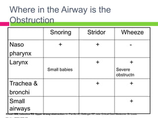 Where in the Airway is the
Obstruction
Snoring
Naso
pharynx
Larynx

Stridor

Wheeze

+

+

-

+

+

Small babies

Trachea &
bronchi
Small
airways

Severe
obstructn

+

+
+

Khosh MM, Lebovics RS. Upper airway obstruction. In: Parrillo JE, Dellinger RP, eds. Critical Care Medecine. St. Louis:

 
