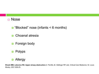 

Nose


“Blocked” nose (infants < 6 months)



Choanal atresia



Foreign body



Polyps



Allergy

Khosh MM, Lebovics RS. Upper airway obstruction.In: Parrillo JE, Dellinger RP, eds. Critical Care Medecine. St. Louis:
Mosby; 2001:808-25.

 