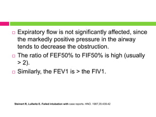 





Expiratory flow is not significantly affected, since
the markedly positive pressure in the airway
tends to decrease the obstruction.
The ratio of FEF50% to FIF50% is high (usually
> 2).
Similarly, the FEV1 is > the FIV1.

Steinert R, Lullwitz E. Failed intubation with case reports. HNO. 1987;35:439-42

 