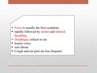  Fever is usually the first symptom.
 rapidly followed by stridor and labored
breathing
 Dysphagia, refusal to eat
 hoarse voice
 sore throat
 Cough and ear pain are less frequent
 
